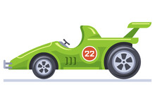 Green Racing Car. Sports Car Side View. Flat Vector Illustration.