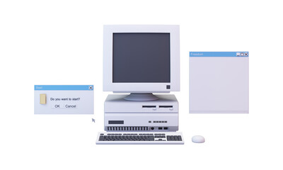 Fototapete - Abstract aesthetic background with 90s style system message windows, old vintage computer, mouse, keyboard, pop up icon system message window on pink and purple gradient y2k style realistic 3d render	