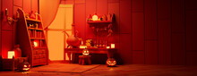 Halloween Pumpkin Decorations With Potions, In A Fun Wizard's Room At Night. Halloween Background With Copy-space.