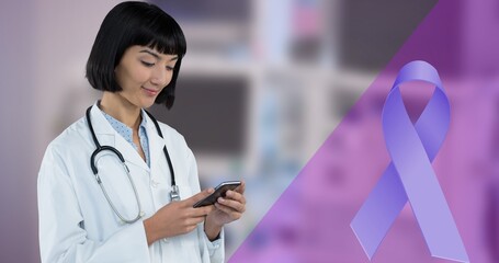 Poster - Digital composite image of blue ribbon and smiling asian young female doctor using smart phone