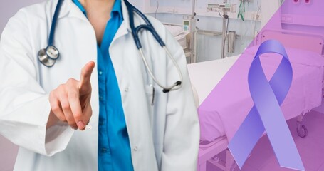 Poster - Composite image of cancer ribbon and midsection of caucasian young female doctor gesturing