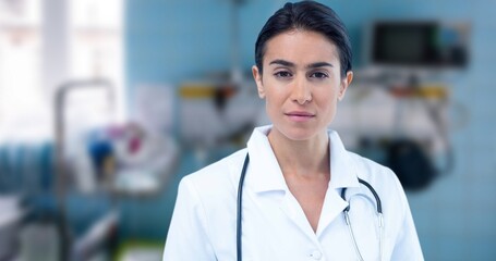 Poster - Portrait of confident biracial female doctor standing in hospital