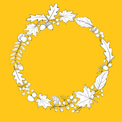 Wall Mural - Vector wreath of autumn leaves, mushrooms, acorns, berries. Round frame, border, template hand drawn in doodle flat style. Theme is forest, nature, happy fall, thanksgiving