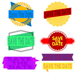 Poster - Set of ribbon with Save The Date text. Banner template. Label sticker. Sign.