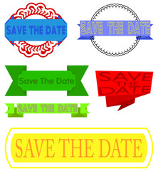 Poster - Set of ribbon with Save The Date text. Banner template. Label sticker. Sign.