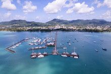 Chalong Pier With Sailboats And Other Boats At The Sea,Beautiful Image For Travel And Tour Website Design,Amazing Phuket Island View From Drone Seascape Landscape,Summer Day