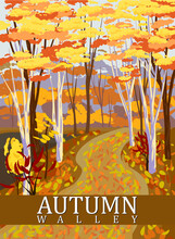 Autumn Park Valley, Forest Trail, Walkway, Trees Yellow Foliage. Poster Fall Seasone