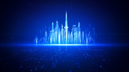 Poster - Smart City Of Cyberspace And Metaverse, Technology Digital Network Connection, Social Network Connection, Blue Abstract Background Concept. 3d Rendering