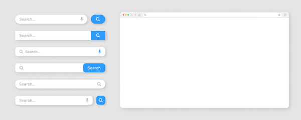 Blank internet browser window with various search bar templates. Web site engine with search box, address bar and text field. UI design, website interface elements. Vector illustration