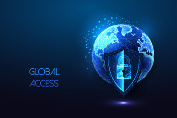 Wall Mural - Global access, vpn concept with planet Earth globe and protective shield in futuristic glowing style