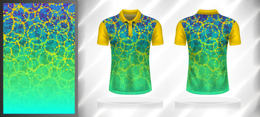Vector sport pattern design template for Polo T-shirt front and back with short sleeve view mockup. Yellow-blue-green color gradient abstract texture background illustration.