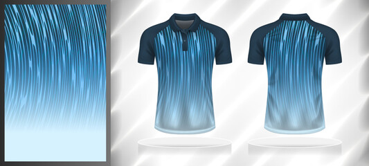 Vector sport pattern design template for Polo T-shirt front and back with short sleeve view mockup. Dark and light shades of blue-grey color gradient curve line texture background illustration.
