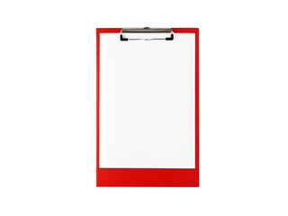 Red clipboard with blank white A4 paper isolated on white