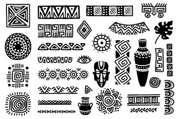 Tribal african design elements. Ethnic traditional shapes and ornaments, black and white ritual mask, vases and borders. Hand drawn dividers and mystic symbols isolated on white vector set