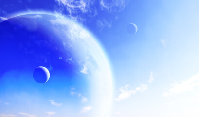 Wall Mural - fantastic sky with white clouds and three planets