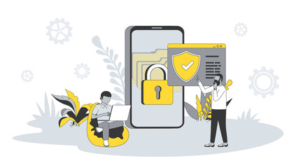 Poster - Data protection concept in flat design with people. Men work in security service and protect online data from phishing and hacking in apps. Illustration with character scene for web banner