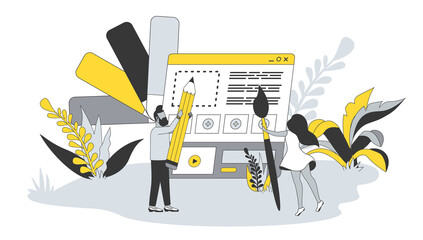 Poster - Designers agency concept in flat design with people. Man and woman drawing content and creating interface layout, working on creative project. Illustration with character scene for web banner