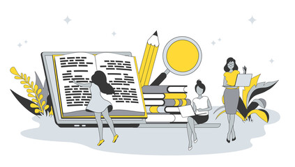 Fototapete - Online education concept in flat design with people. Women students reading books, learning lessons and webinars, improve professional skills. Illustration with character scene for web banner