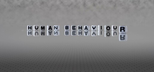 Sticker - human behaviour word or concept represented by black and white letter cubes on a grey horizon background stretching to infinity