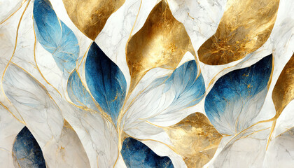 Wall Mural - Abstract luxury marble background. Digital art marbling texture. Blue, gold and white colors 