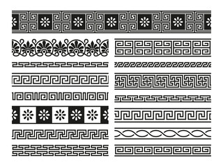 Greek ornaments. Geometric seamless pattern antique mediterranean style, abstract decorative frame Greece classical borders. Vector set. Square elements, curled and flowers design collection