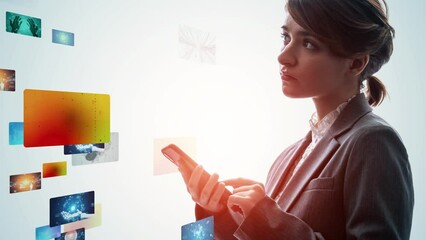 Poster - A woman using a smartphone and a CG screen. Video content. NFT.