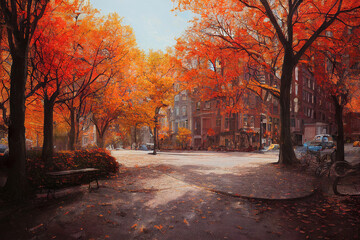 Wall Mural - autumn in the city, beautiful autumn park scene, calm nature colorful warm background, digital illustration, digital painting, cg artwork, realistic illustration
