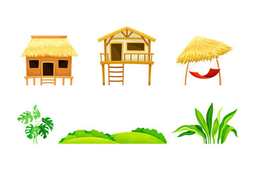 Tropical Landscape Element with Hut, Green Exotic Foliage and Bush Vector Set