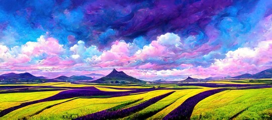 Wall Mural - Watercolor purple clouds and beautiful imaginative French lavender rows landscape - rural countryside farms and agriculture fields - vast panoramic vista and outdoor nature art background.