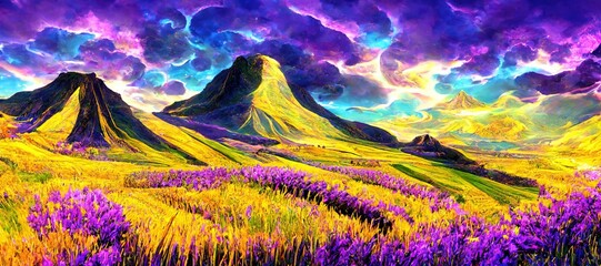 Wall Mural - Watercolor purple clouds and beautiful imaginative French lavender rows landscape - rural countryside farms and agriculture fields - vast panoramic vista and outdoor nature art background.