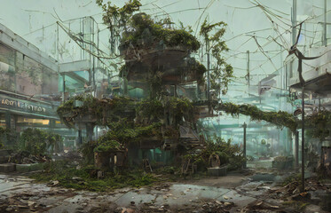 Wall Mural - post-apocalyptic shopping mall, beautiful overgrown ruin, digital painting