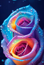 Heads Of Blue And Pink Roses Covered In Raindrops