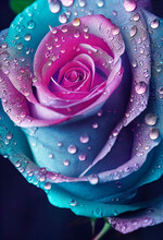 Head Of Blue And Pink Rose Covered In Raindrops