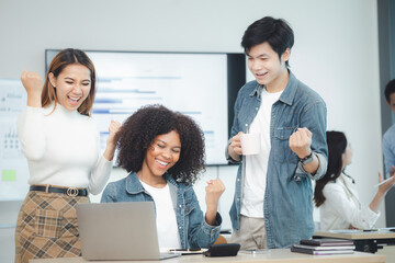 Wall Mural - A group of startup management people are having a brainstorming meeting in the conference room, with supervisors and employees meeting and solving problems. Company management concept.