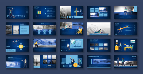 Business presentation, powerpoint, job a new business, financial annual report. Infographic design template, blue elements, blue background, set. A team of people creates business, teamwork, vector