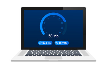 Wall Mural - Speed test on laptop. Speedometer Internet Speed 100 mb. Website speed loading time. Vector stock illustration.