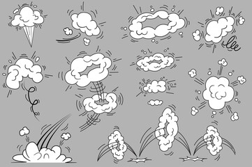 Wall Mural - Bang and cloud explosions in comic style set isolated elements. Bundle of smoke effects frames with splashes and curve moving to express energy of motion. Illustration in flat cartoon design.