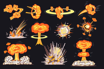 Wall Mural - Fire explosions in comic style set isolated elements. Bundle of bright flame bombs effects to express energy of motion and detonation, atomic mushrooms. Illustration in flat cartoon design.