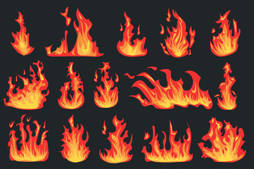 Wall Mural - Hot flaming fires different shapes set isolated elements. Bundle of bright red and orange flame effects. Heat energy and power. Campfire and wildfire. Illustration in flat cartoon design.