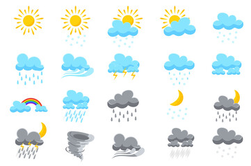 symbols for weather forecasts set isolated elements. bundle of clear sun, cloudy sky, snowfall, wind