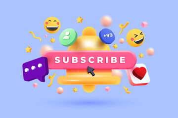 Poster - 3D Subscribe bell notification with confetti. Congratulations on new social media followers. New subscriber in social network. Cartoon creative design icon isolated on purple background. 3D Vector ill