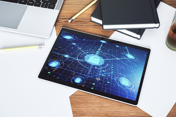 Poster - Creative idea concept with lock symbol and microcircuit illustration on modern digital tablet screen. Protection and firewall concept. Top view. 3D Rendering