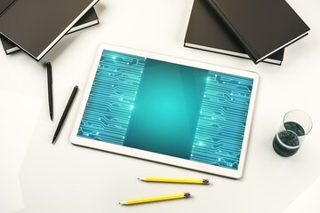Poster - Top view of modern digital tablet monitor with circuit hologram. Research and development hardware concept. 3D Rendering