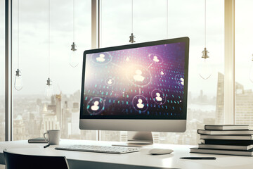 Poster - Modern computer display with social network icons concept. Networking concept. 3D Rendering
