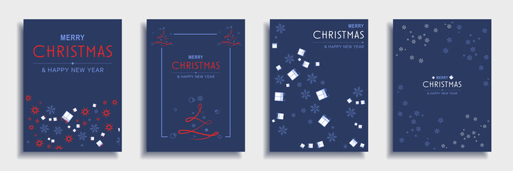 Aufkleber - Merry Christmas and New Year 2023 brochure covers set. Xmas minimal banner design with stars, snowflakes and gifts patterns on blue backgrounds. Illustration for flyer, poster or greeting card