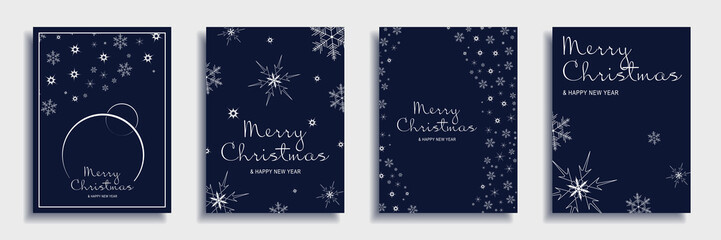 Wall Mural - Merry Christmas and New Year 2023 brochure covers set. Xmas minimal banner design with white snowflakes patterns and text on blue backgrounds. Illustration for flyer, poster or greeting card