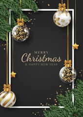 Wall Mural - Merry Christmas poster background with christmas tree branche, christmas balls and stars. Vector illustration