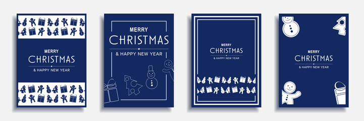 Aufkleber - Merry Christmas and New Year 2023 brochure covers set. Xmas minimal banner design with decorative borders with gifts, trees, snowman and other. Illustration for flyer, poster or greeting card