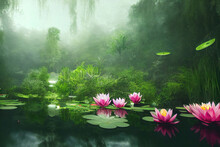 Pink Lotus Flower, Water Lilies, Nature Background, Digital Illustration, Digital Painting, Cg Artwork, Realistic Illustration
