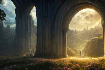 Wall Mural - beautiful mystical portal to another world, colorful fantasy environment background, digital illustr